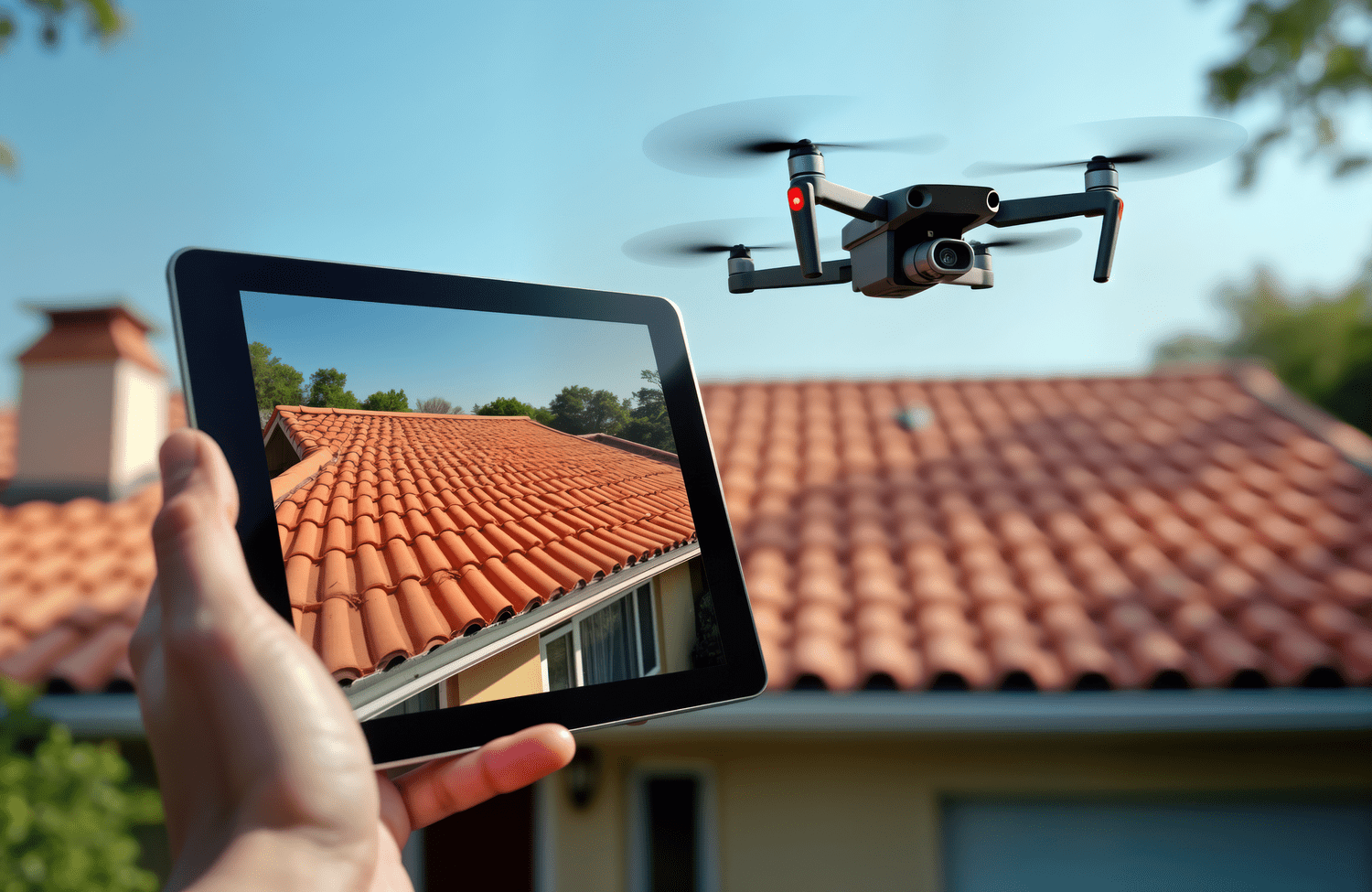 Illustration of a drone above a tiled roof and roof imagery on a tablet